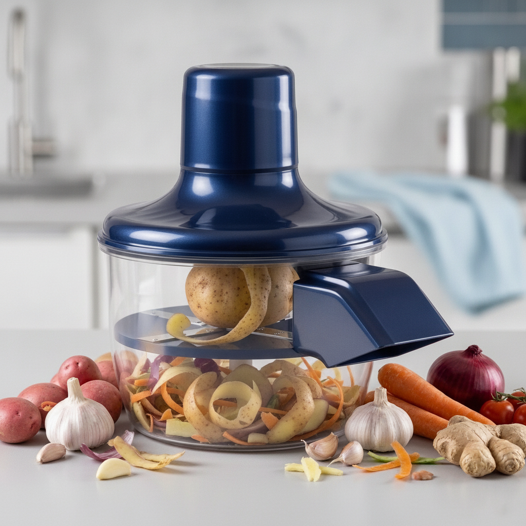 Electric Vegetable Peeler automatically peeling a potato, showing minimal skin waste and a clean kitchen counter.
